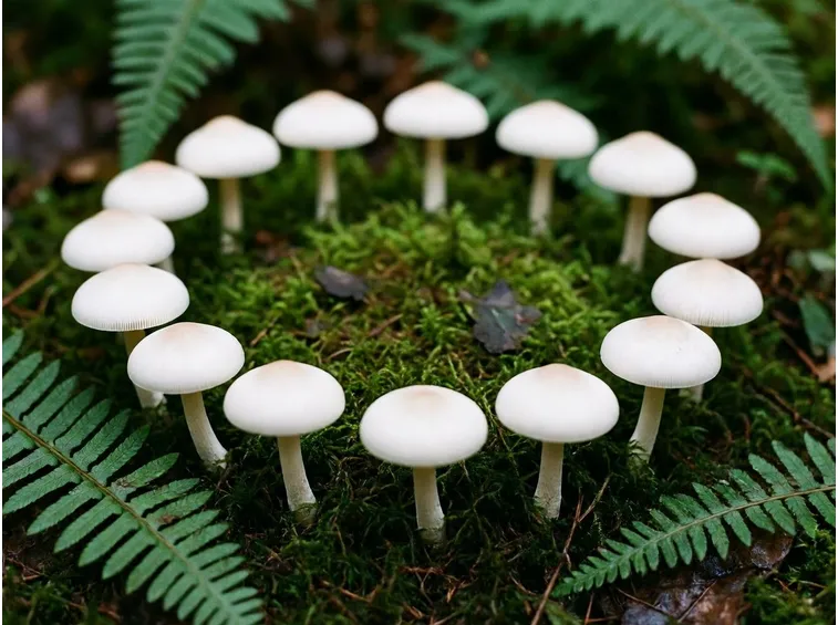 Esemplari di Clitocybe geotropa disposti in cerchio, nel loro habitat naturale